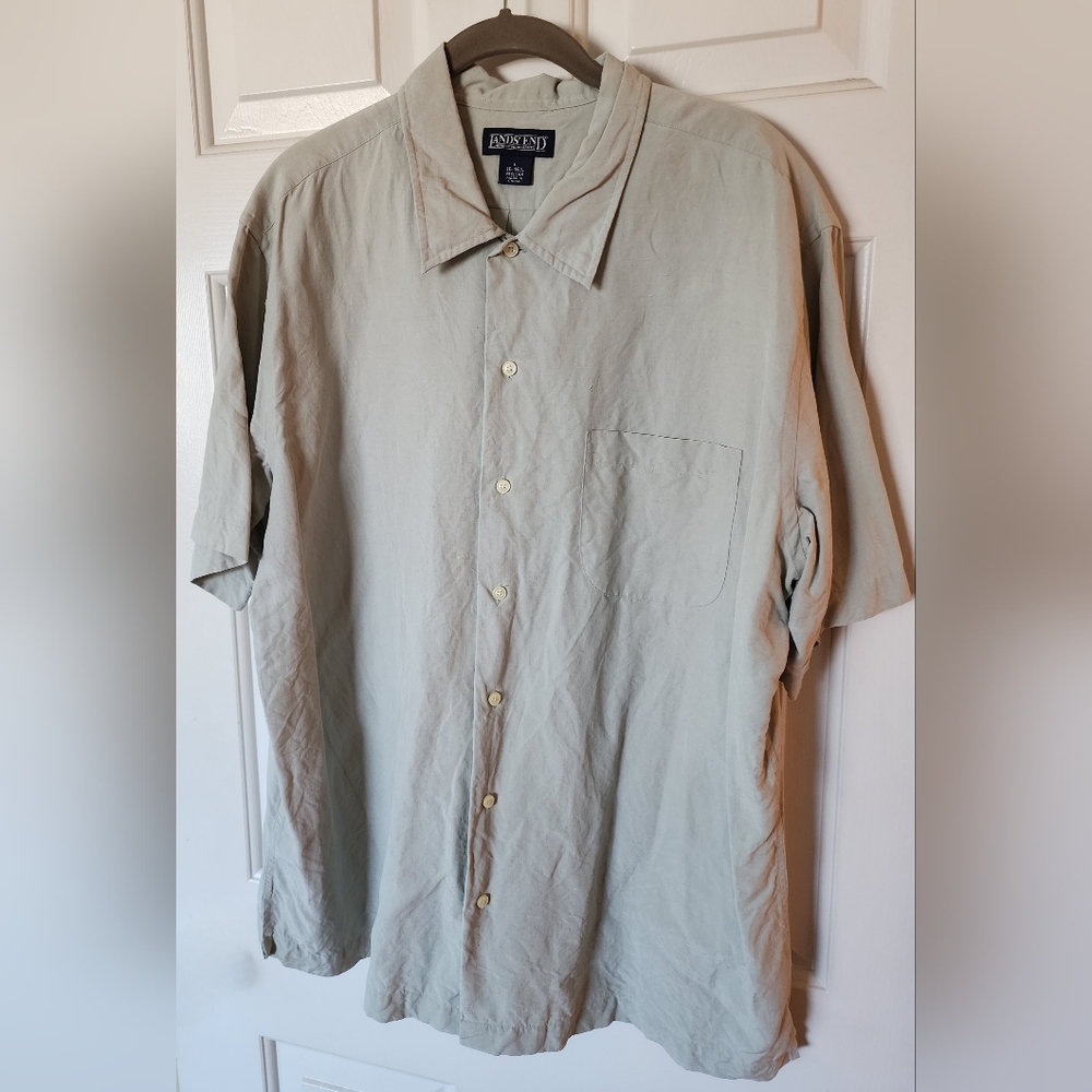 Land's End Silk Linen Tan/Beige Short Sleeved Buttoned Down Shirt L 16-16 1/2